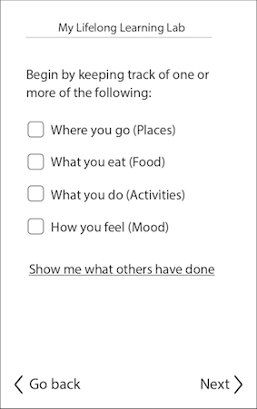 A wireframe of a mobile interface showing a possible exploratory entry point into the self-assessment
                toolkit.